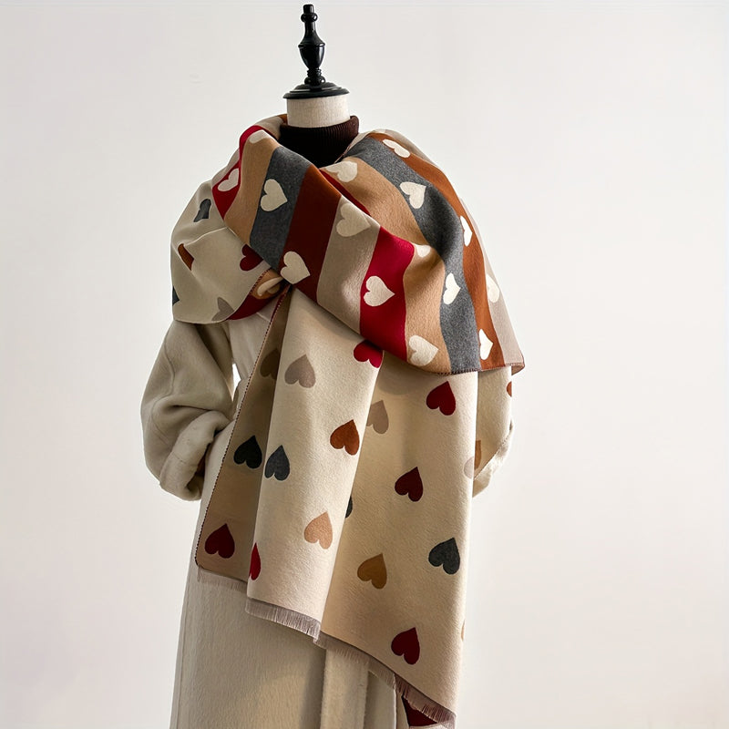 Bufanda para mujer con estampado de corazones y flecos