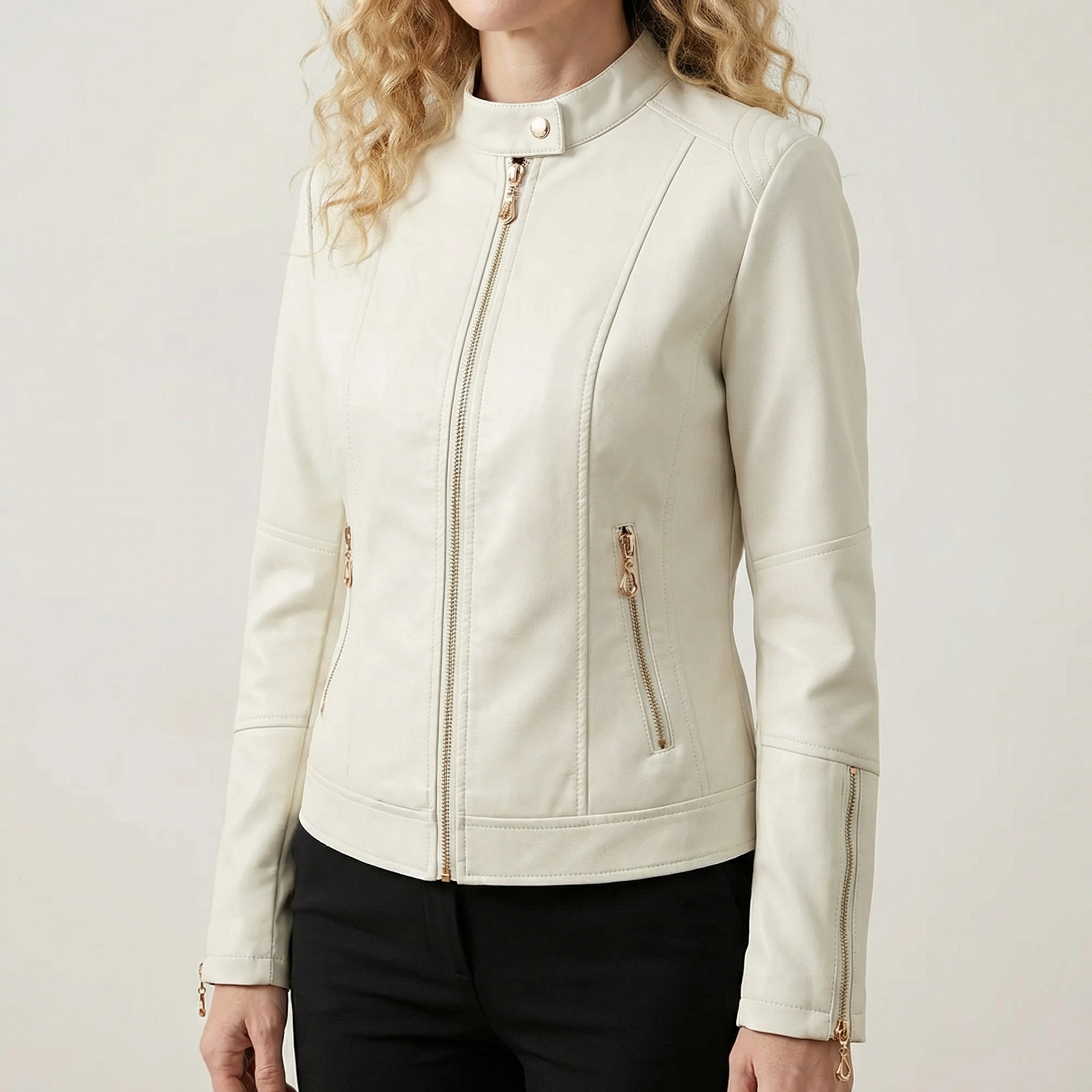 Chaqueta motera de cuero sintético para mujer, botones decorativos y resistente al viento