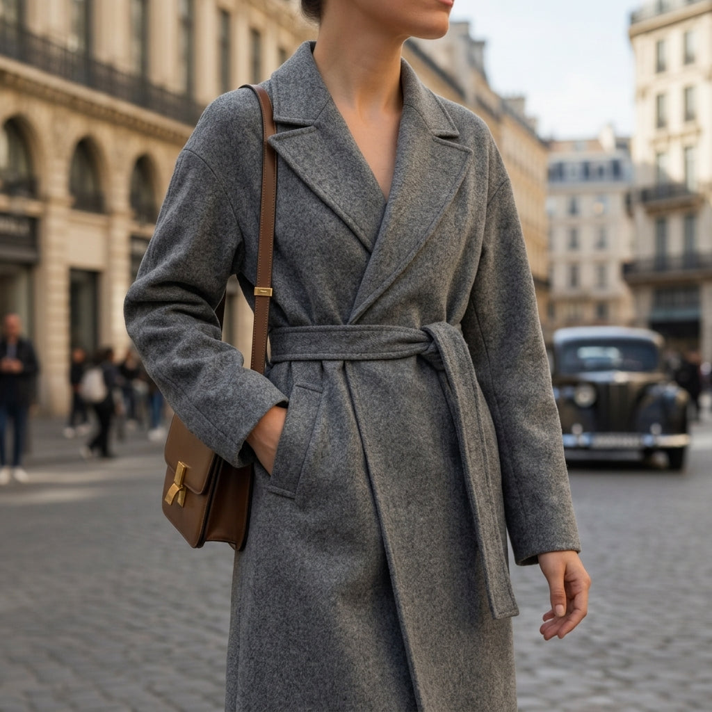 Women's Wool-Blend Coat Notched Collar Belted