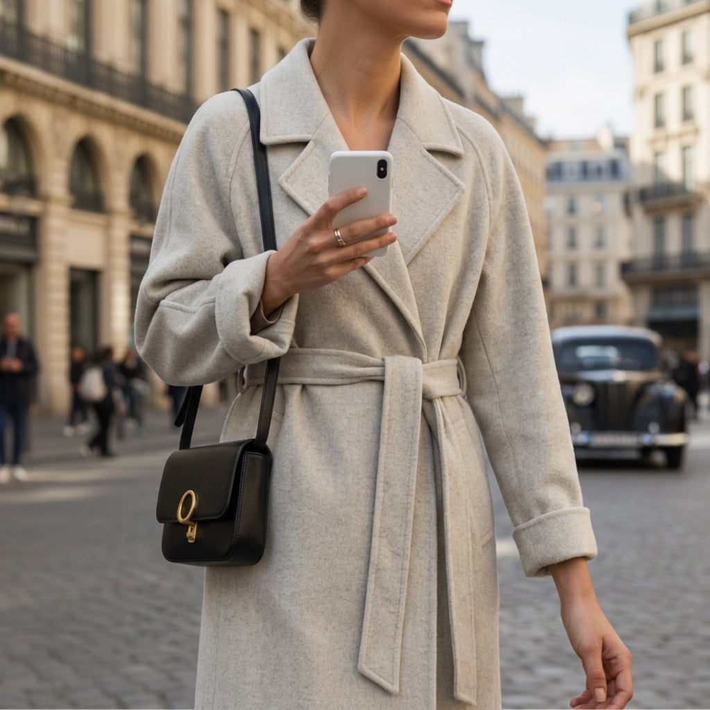 Women's Wool-Blend Coat Notched Collar Belted