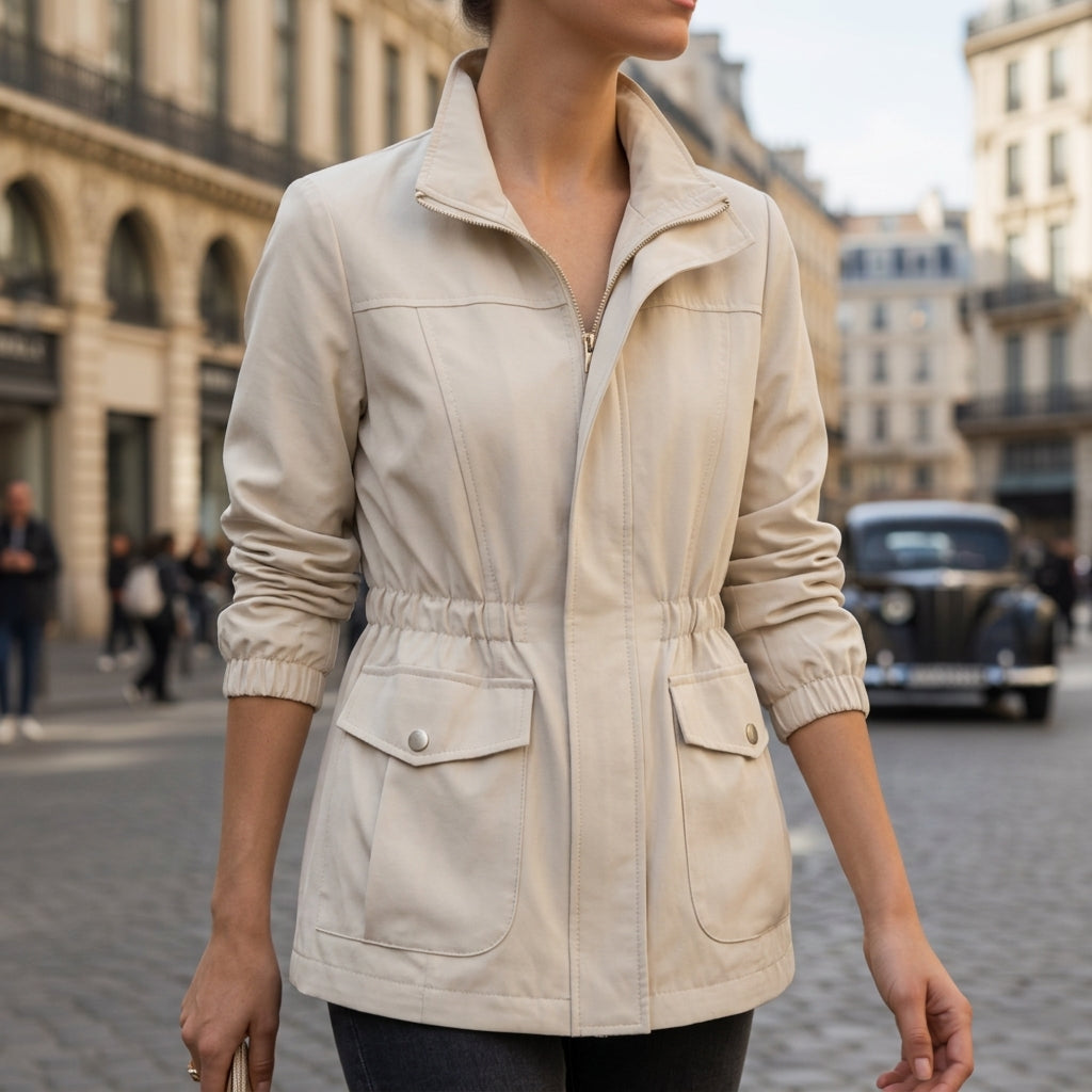 Chaqueta de algodón para mujer, con cremallera y cintura ajustable con cordón
