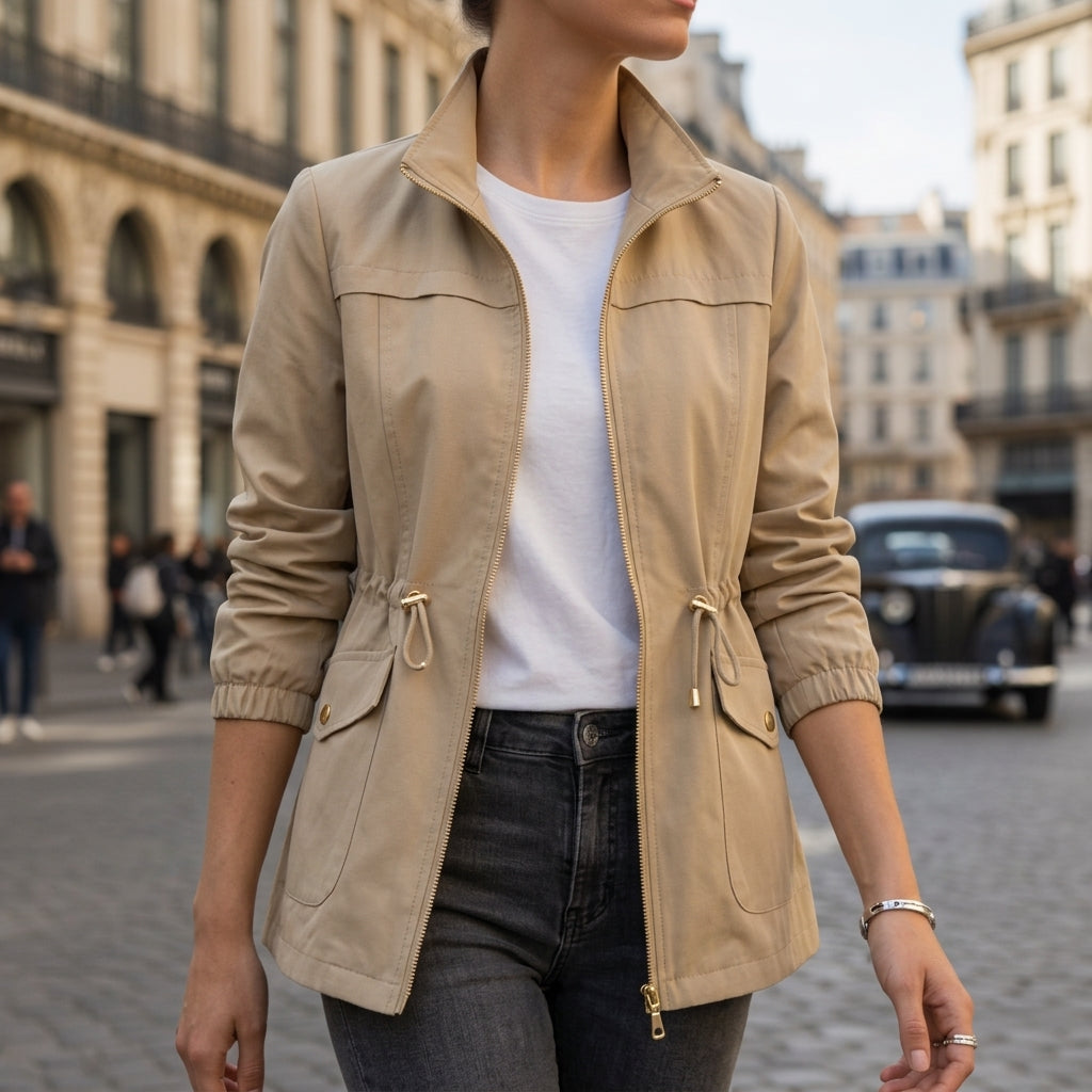 Chaqueta de algodón para mujer, con cremallera y cintura ajustable con cordón
