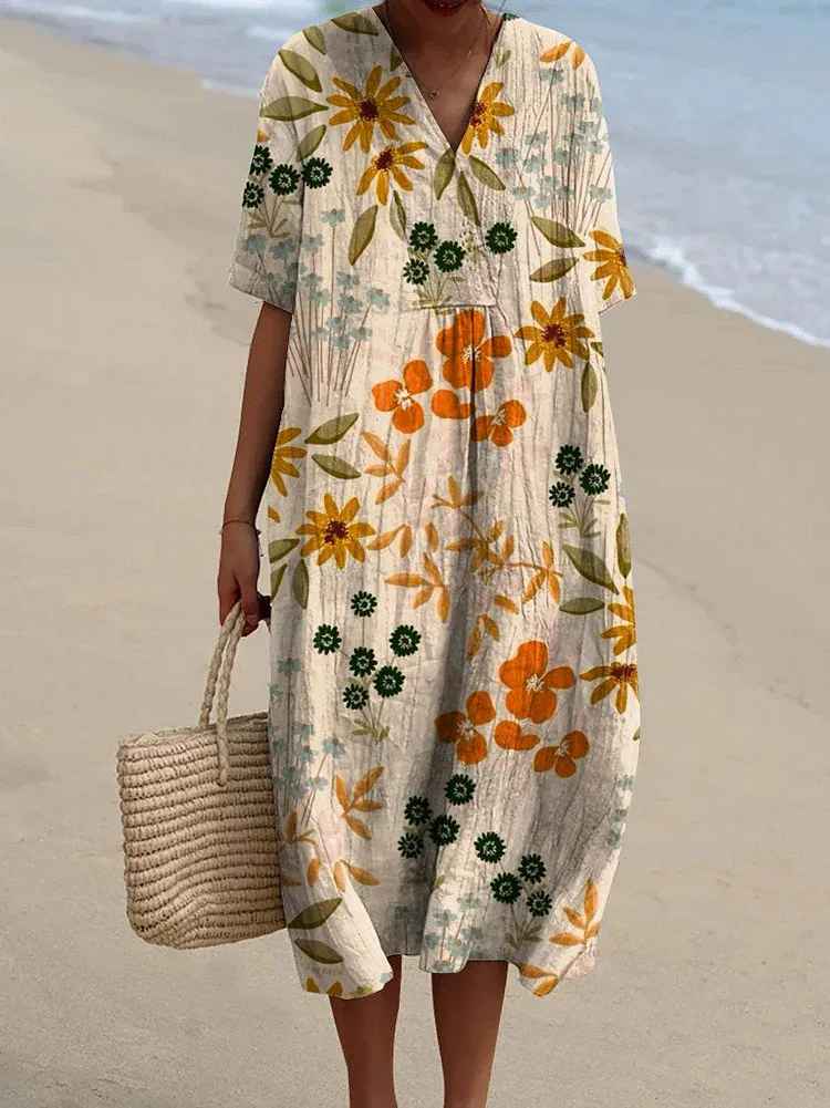 Vestido casual fluido para mujer con estampado floral vintage artístico