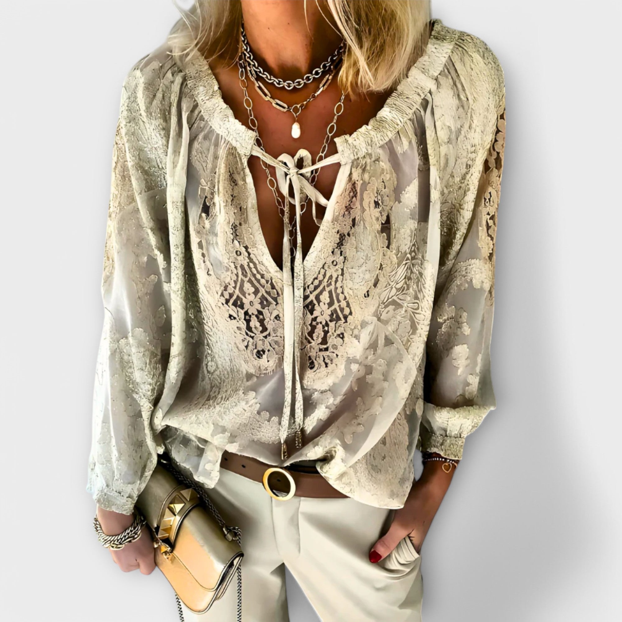 Women's Blouse Denim lace trim