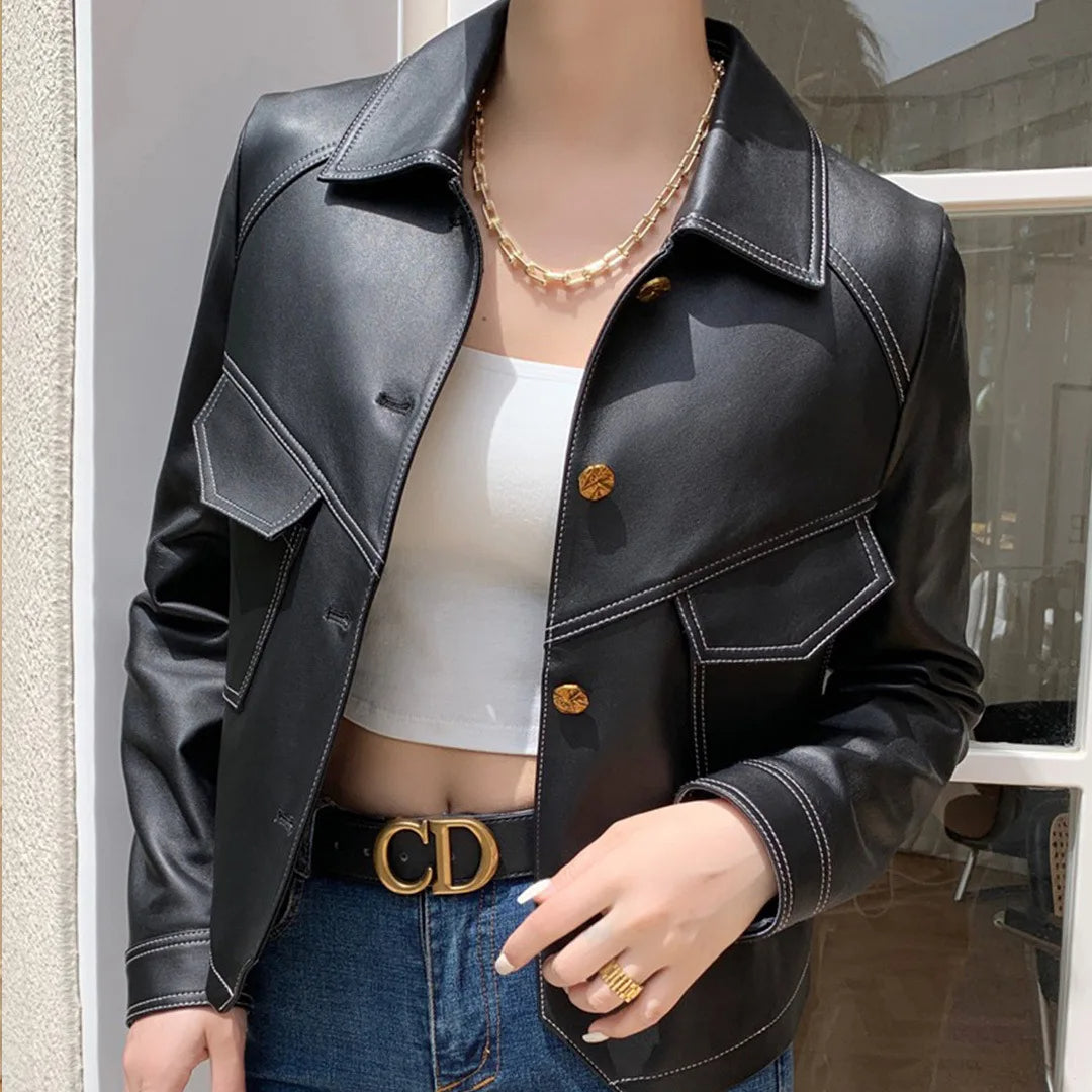 Women's Cropped Faux Leather Blazer Lapel Collar Seam Accents