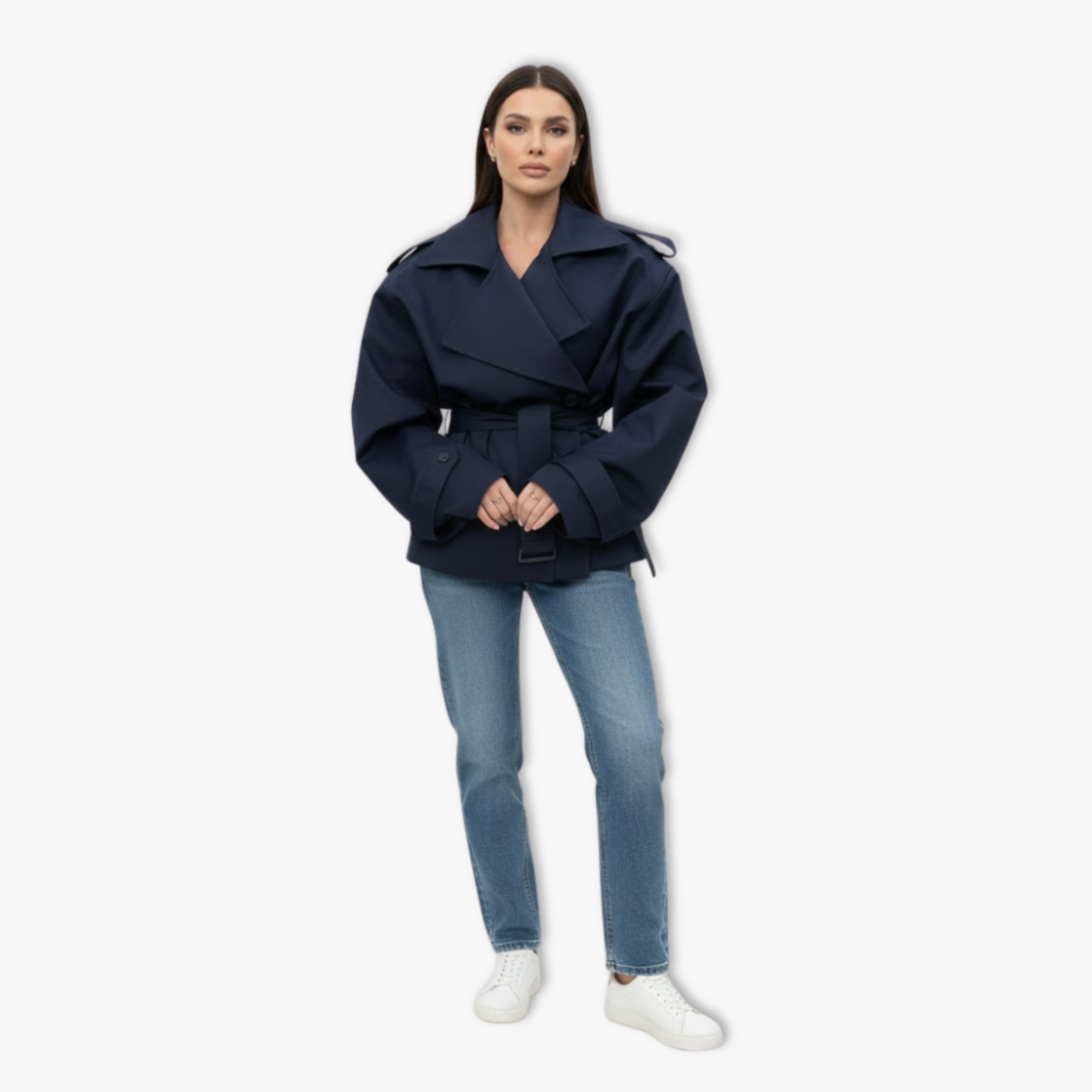 Gabardina corta para mujer, cintura con cordón y solapas anchas