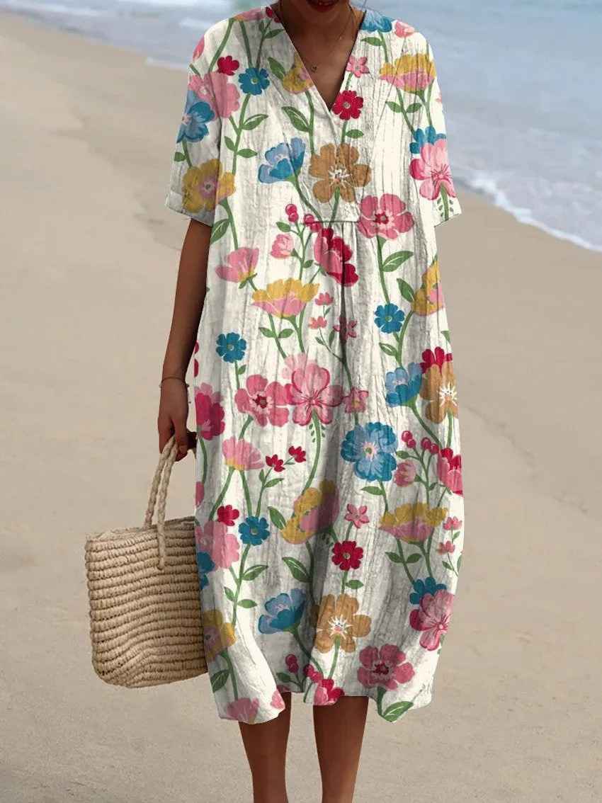 Vestido casual fluido para mujer con estampado floral vintage artístico