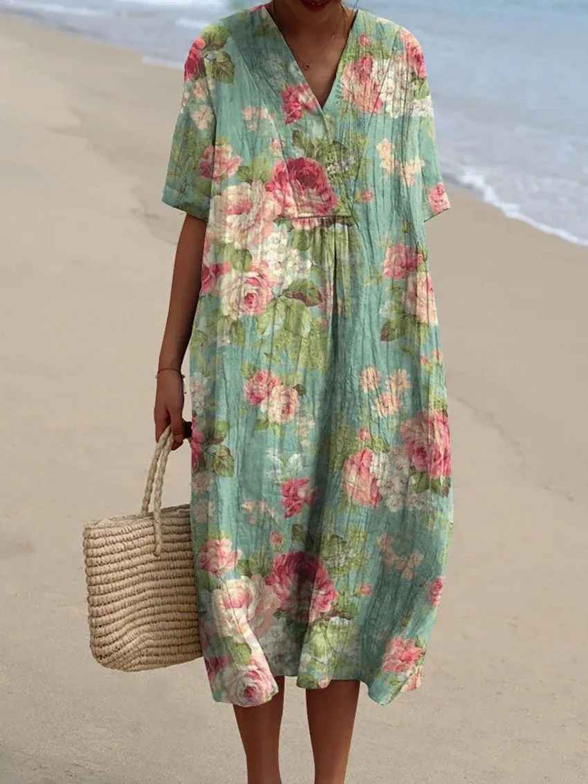 Vestido casual fluido para mujer con estampado floral vintage artístico