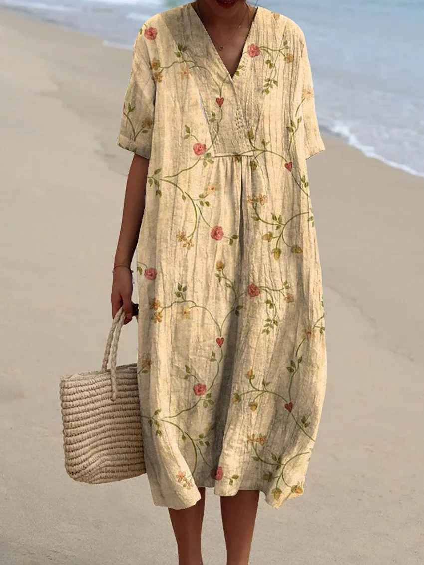 Vestido casual fluido para mujer con estampado floral vintage artístico