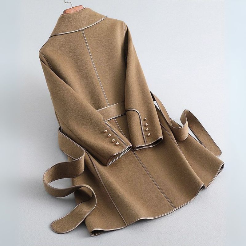 Women's Virgin Wool Trench Coat Self-Tie Sash Pearl Cuffs