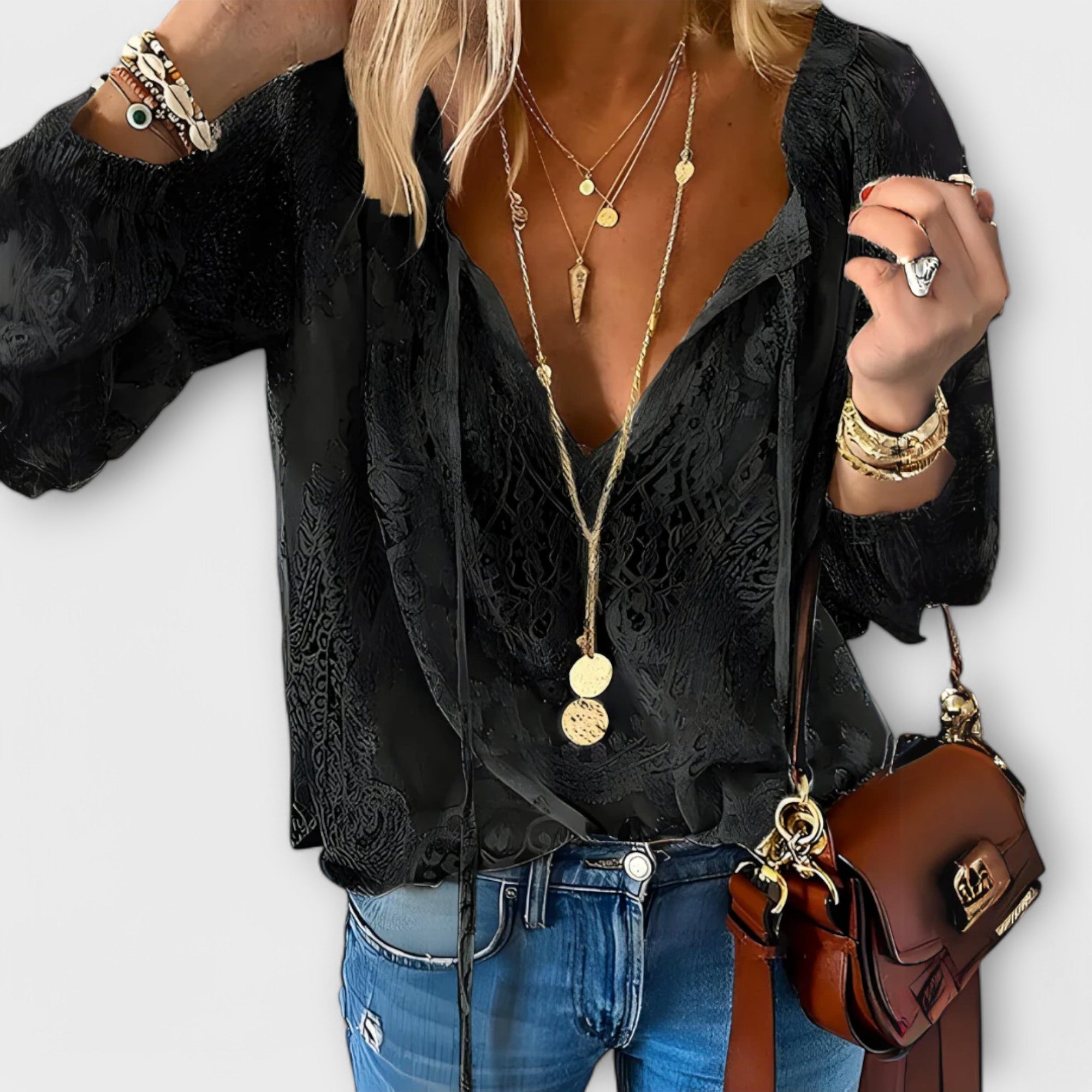 Women's Blouse Denim lace trim