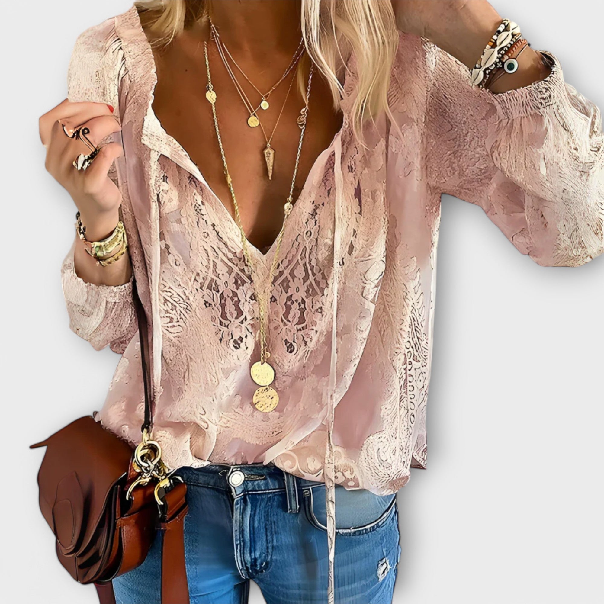 Women's Blouse Denim lace trim