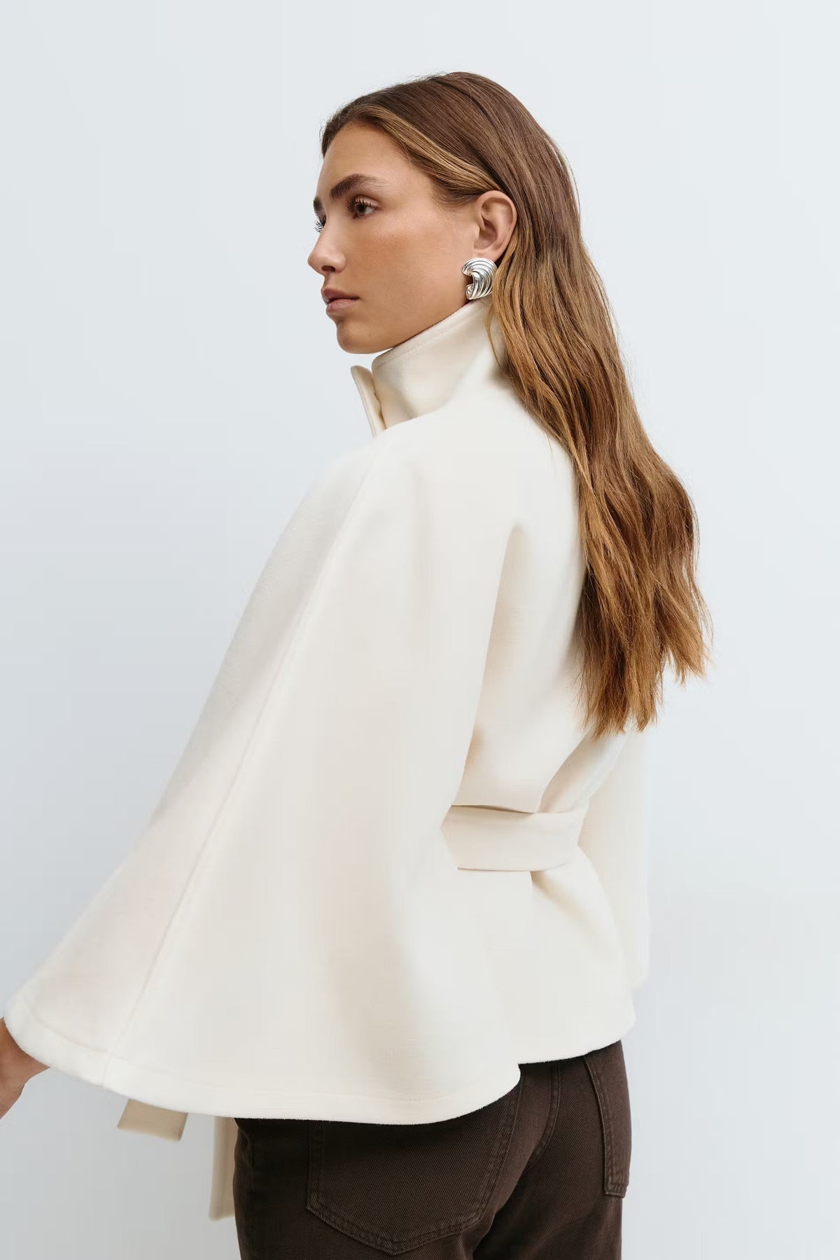 Women's Winter Cape Coat High Collar Belt Bow Regular Fit
