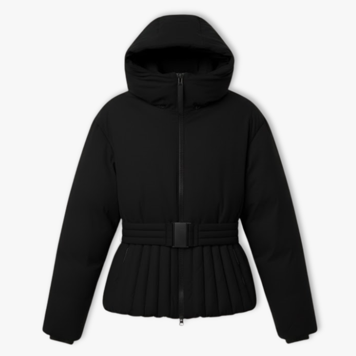 Giacca da sci peplum da donna con cappuccio, collo alto e vita con cintura
