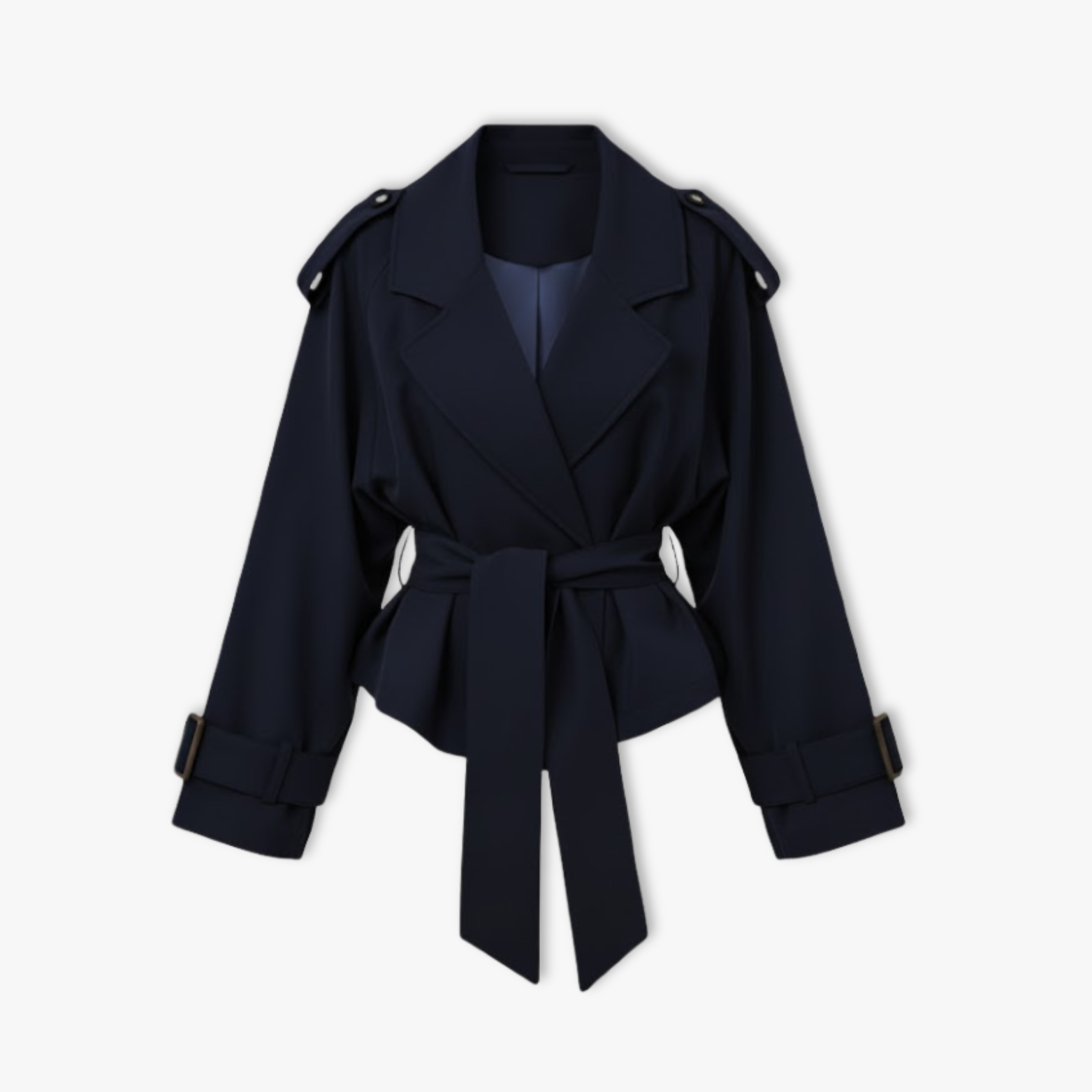 Gabardina corta para mujer, cintura con cordón y solapas anchas
