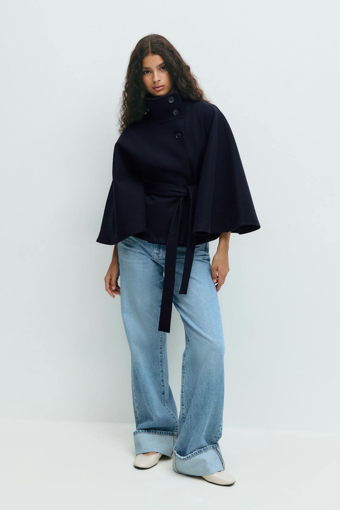 Women's Winter Cape Coat High Collar Belt Bow Regular Fit