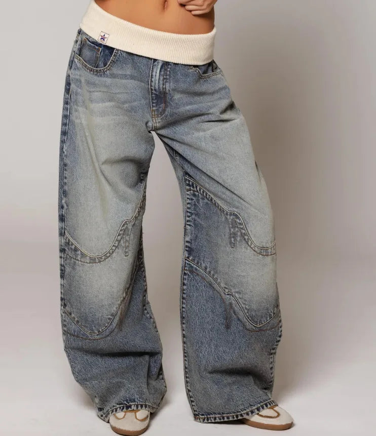 Women's Baggy Jeans Statement Seams Elastic Waist Comfort