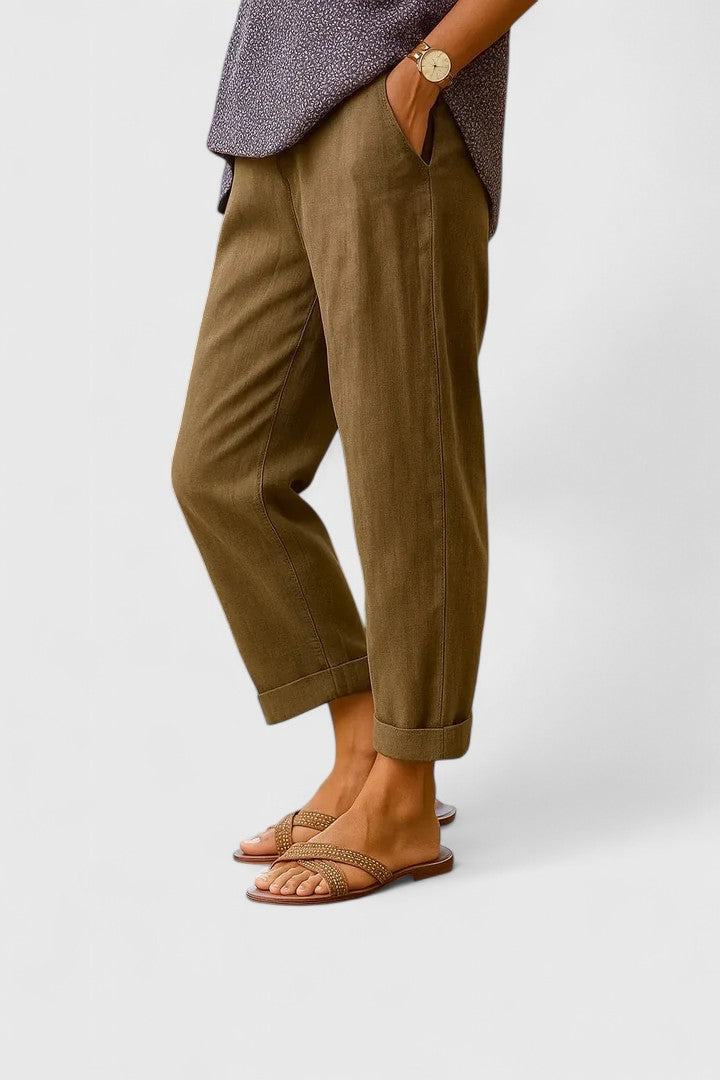 Pantaloni a gamba larga da donna in lino con tasche laterali