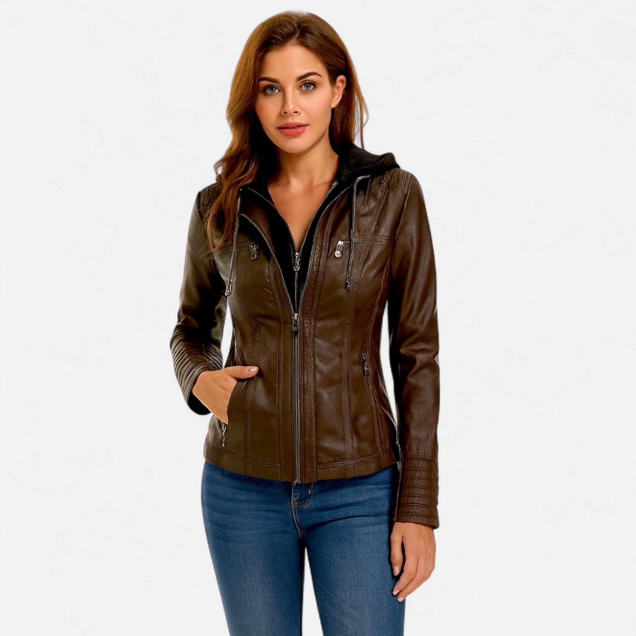 Chaqueta de cuero de grano completo para mujer, corte entallado y diseño minimalista
