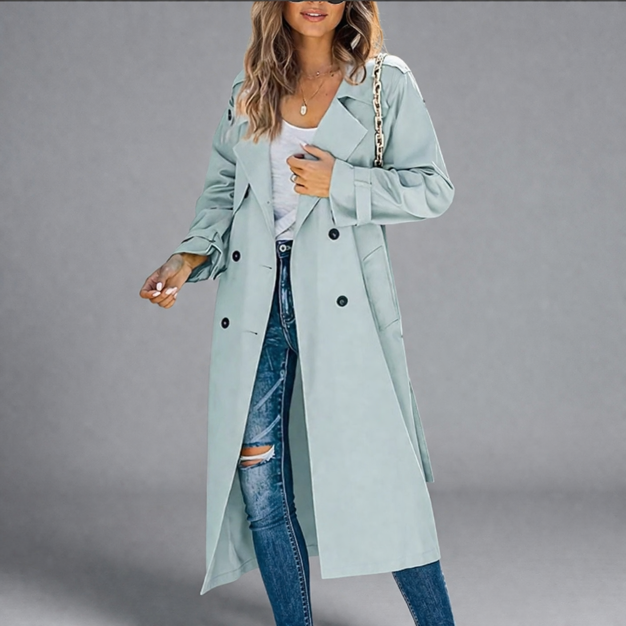 Women's Cotton Trench Coat Button Placket Tailored