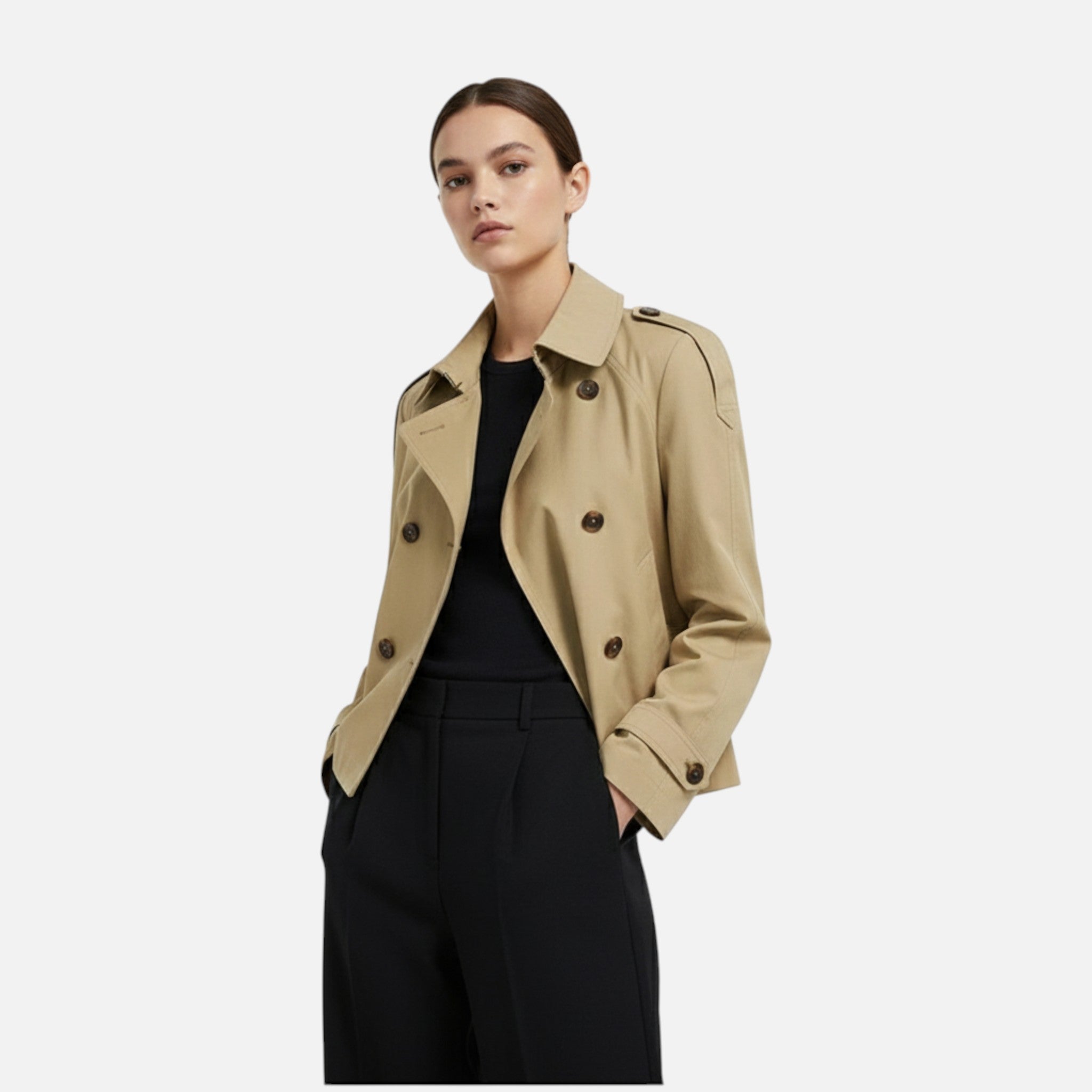 Gabardina corta para mujer, doble botonadura, cuello alto y cinturón