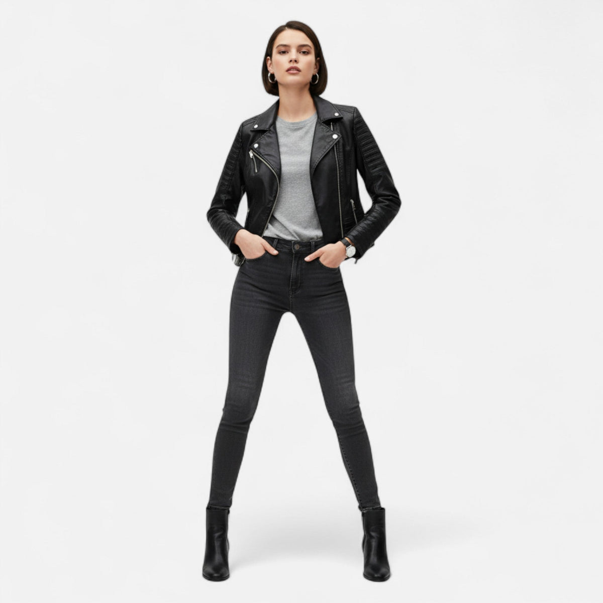 Chaqueta biker de cuero auténtico para mujer, manga larga, estructura definida