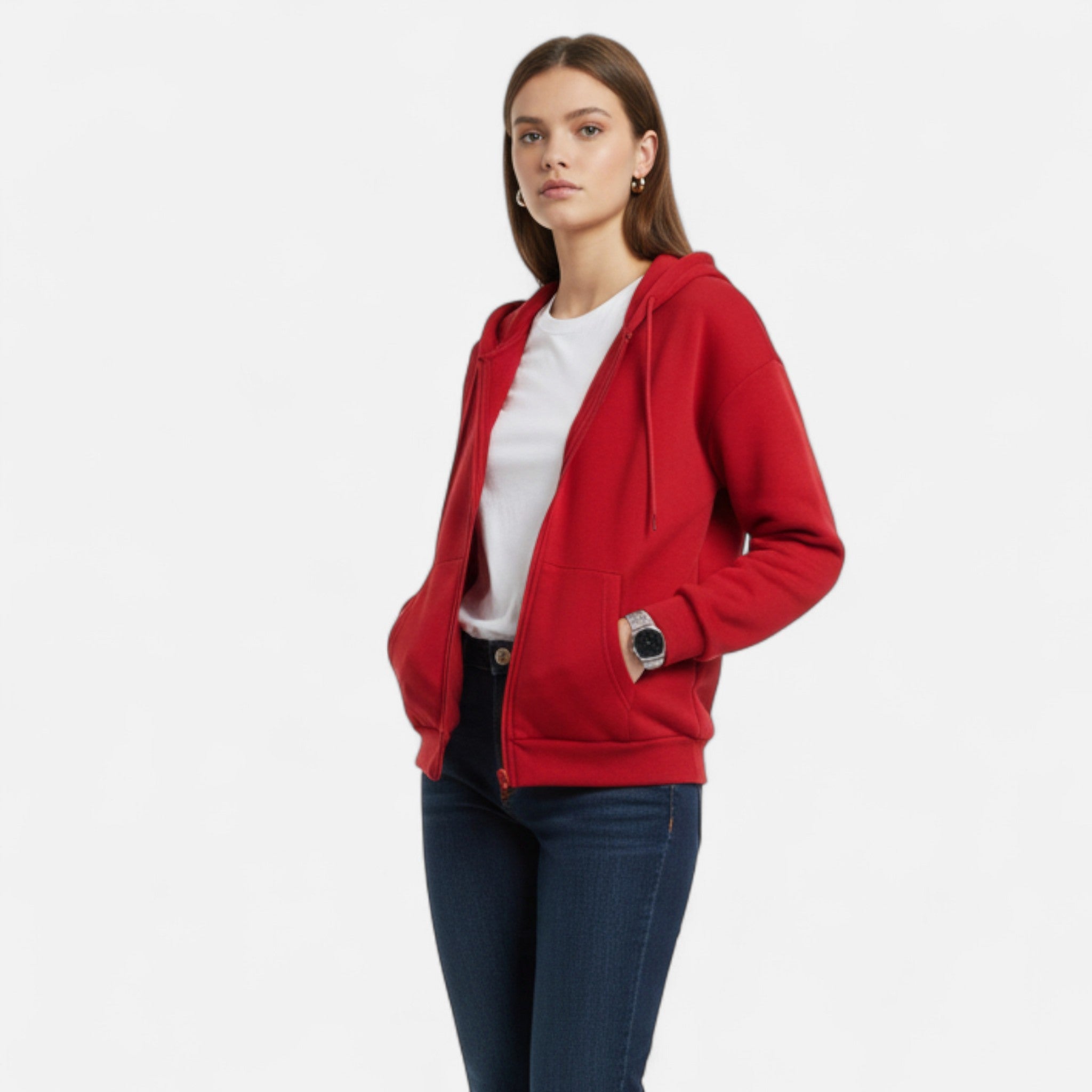 Sudadera con capucha y cremallera para mujer, corte contemporáneo y capucha con cordón