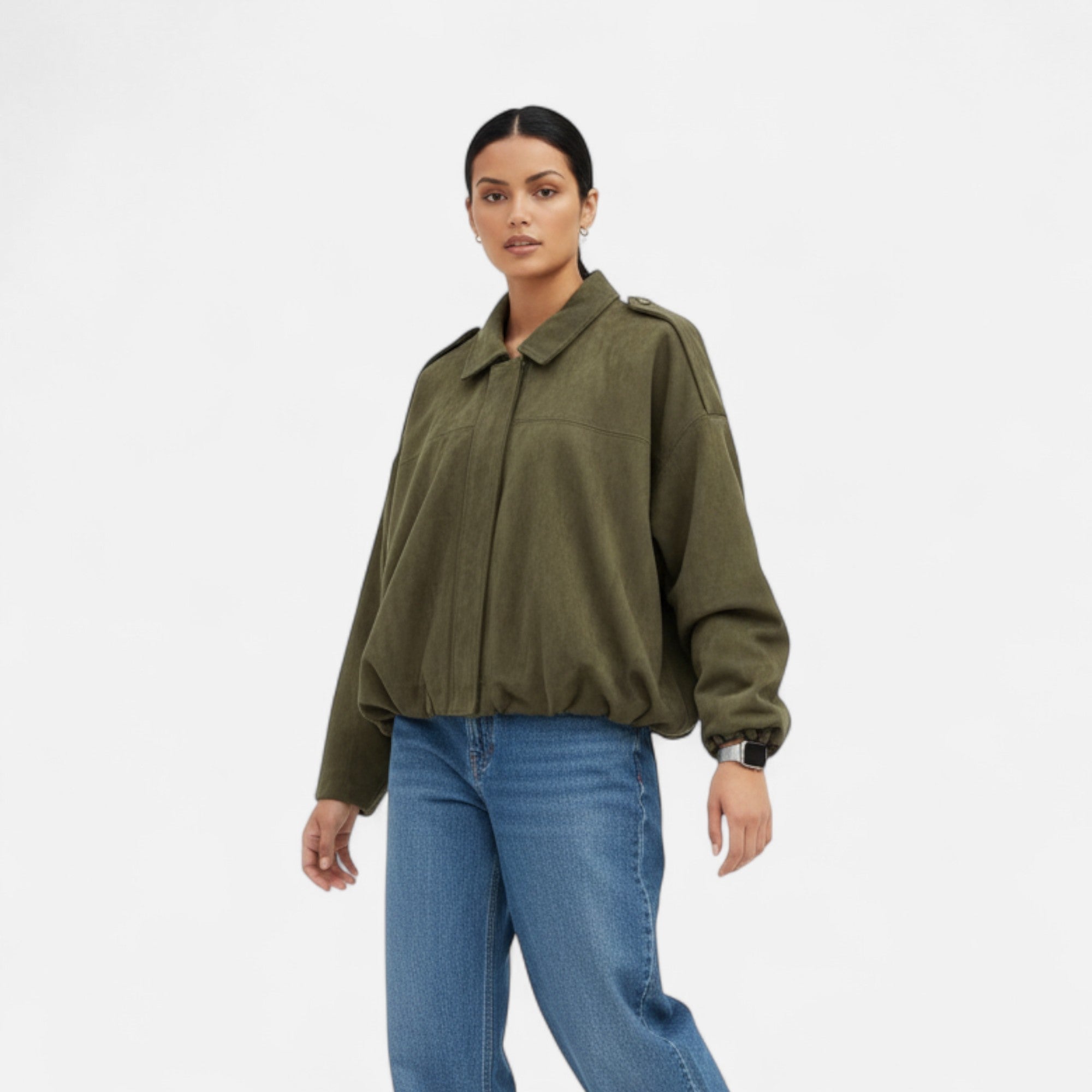 Chaqueta bomber de ante sintético para mujer, con cremallera y cuello con solapas