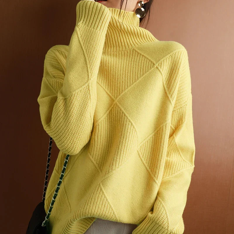 Women's Turtleneck Sweater Diamond Pattern Hand-Knit