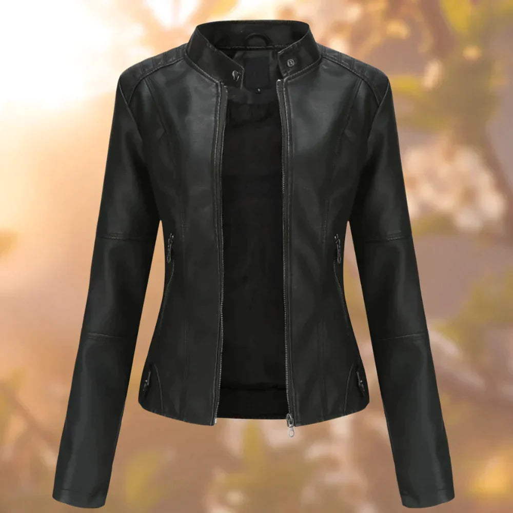 Women's Leather Jacket Full Zip Short Collar Structured