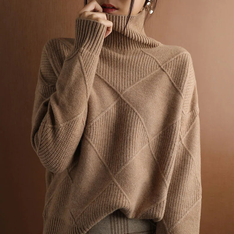 Women's Turtleneck Sweater Diamond Pattern Hand-Knit