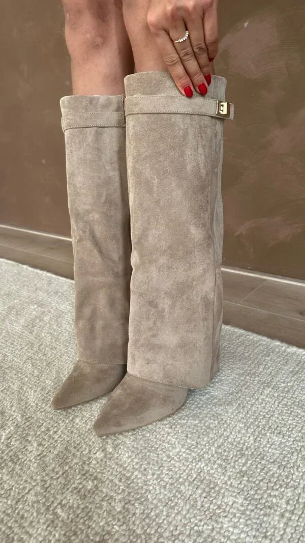 Botas hasta la rodilla de ante sintético para mujer, tacón de cuña y cremallera