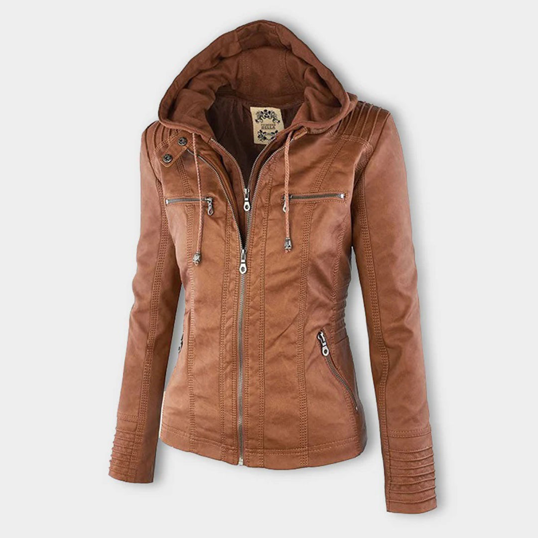 Chaqueta con capucha de cuero sintético para mujer, corte moderno y refinado