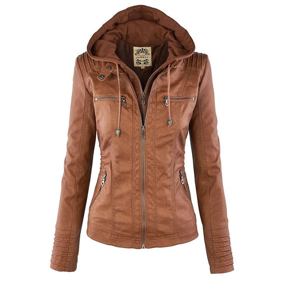 Chaqueta con capucha de cuero sintético para mujer, corte moderno y refinado
