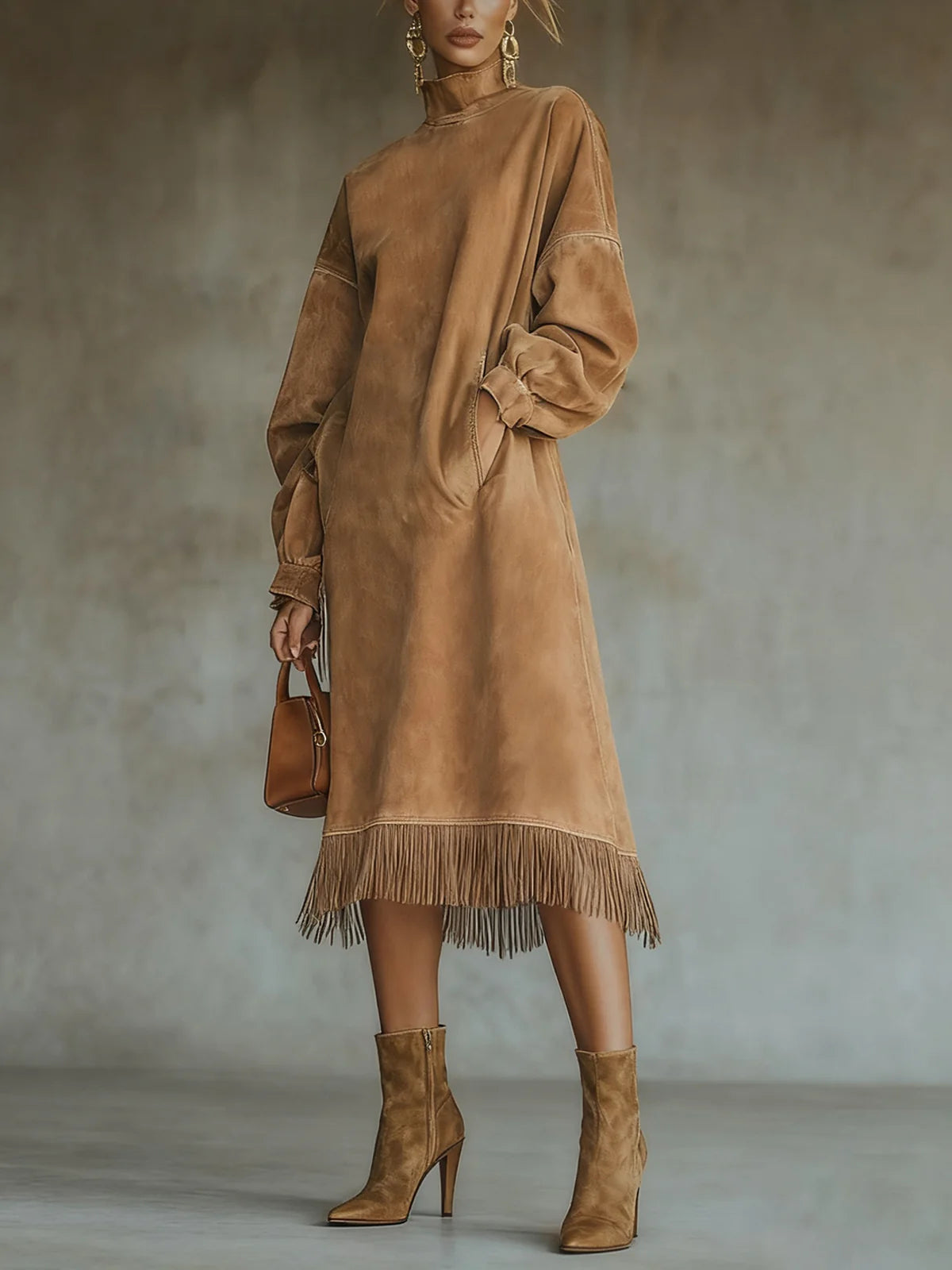 Women's Midi Dress Suede puff sleeves