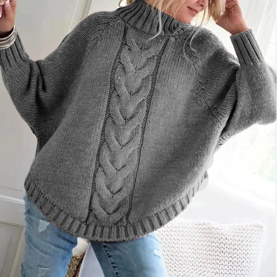 Women's Wool-Blend Cable-Knit Sweater High Neck Chunky