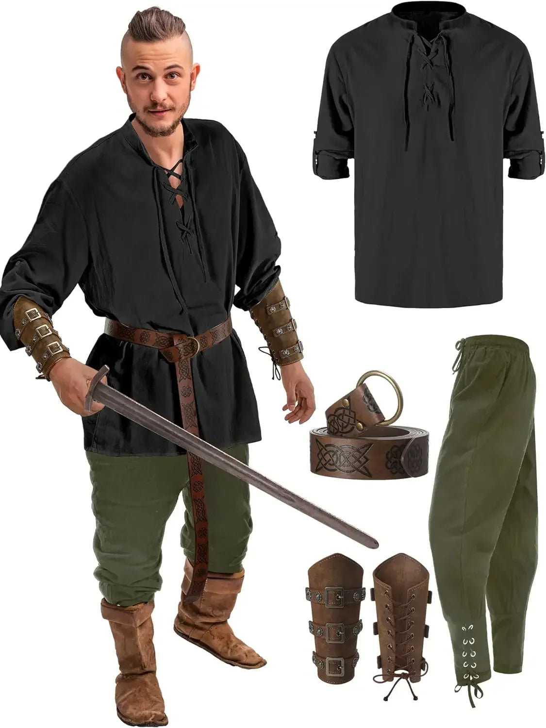 Homme Ensemble Chemise Pantalon Médiéval Halloween Cosplay Ceinture Viking