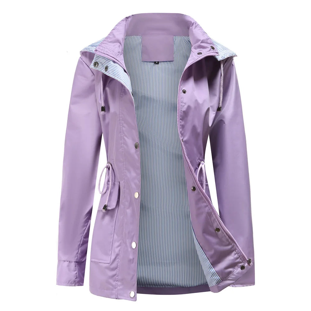 Women's Hooded Trench Coat Water-Resistant Striped Lining