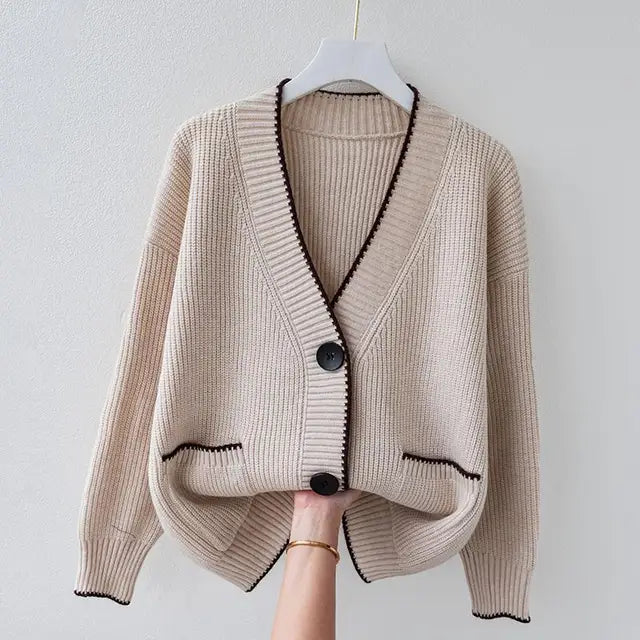 Women's Cardigan Front Pockets Trim-Lined Edges