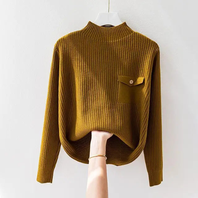 Women's Ribbed Sweater Mock Neck Button Flap Pocket