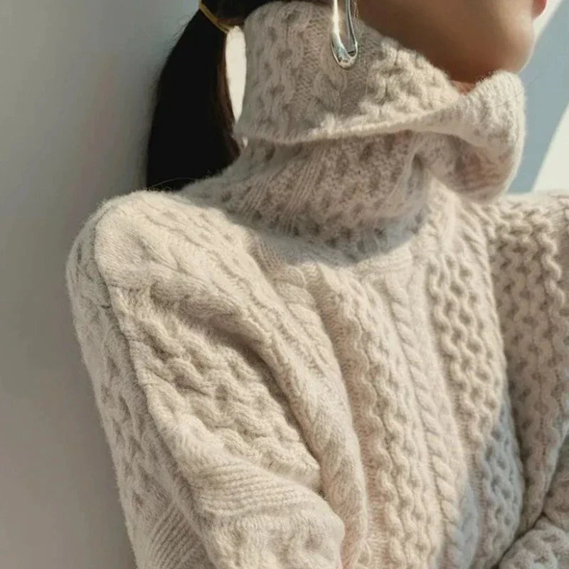 Women's Turtleneck Sweater Braided Texture Hand-Knit