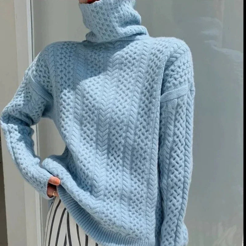 Women's Turtleneck Sweater Braided Texture Hand-Knit