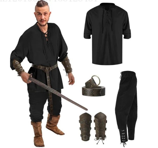 Homme Ensemble Chemise Pantalon Médiéval Halloween Cosplay Ceinture Viking