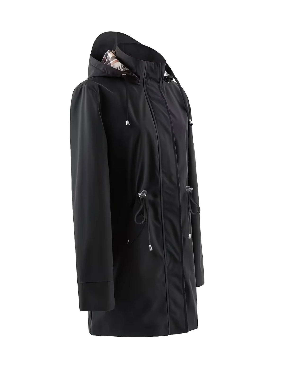 Women's Hooded Trench with Zip Closure and Drawstring Waist