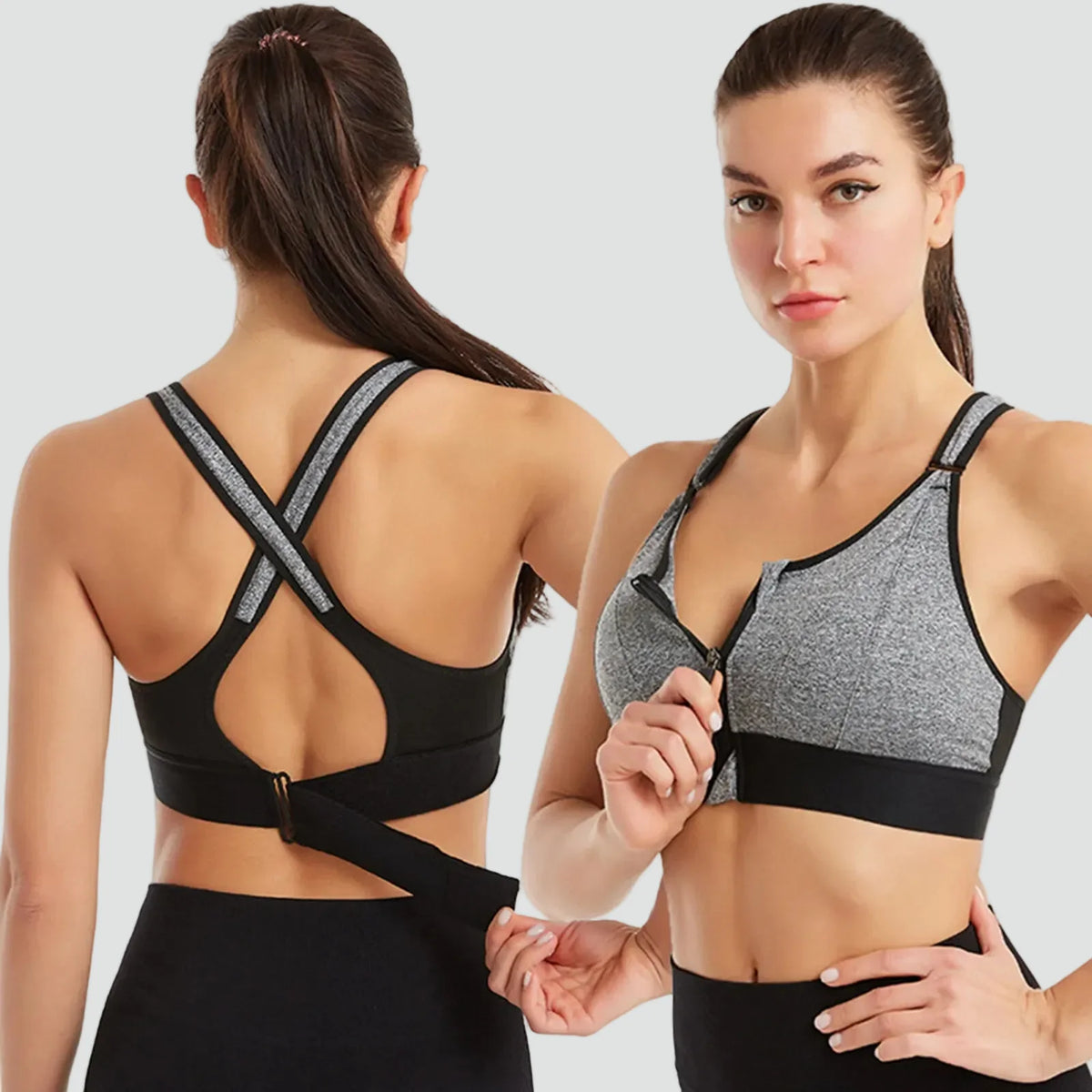 Reggiseno sportivo da donna con cerniera frontale e regolazione posteriore
