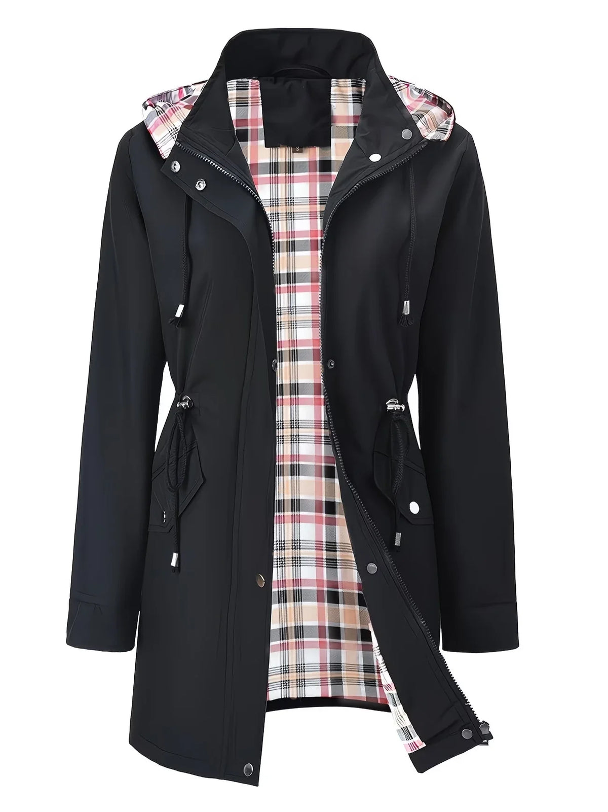 Women's Hooded Trench with Zip Closure and Drawstring Waist