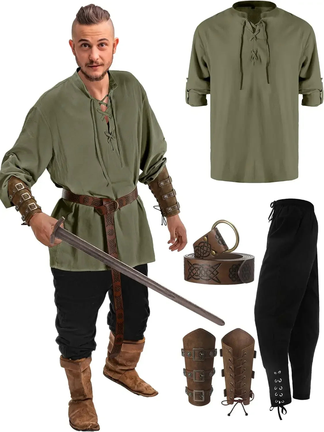 Homme Ensemble Chemise Pantalon Médiéval Halloween Cosplay Ceinture Viking
