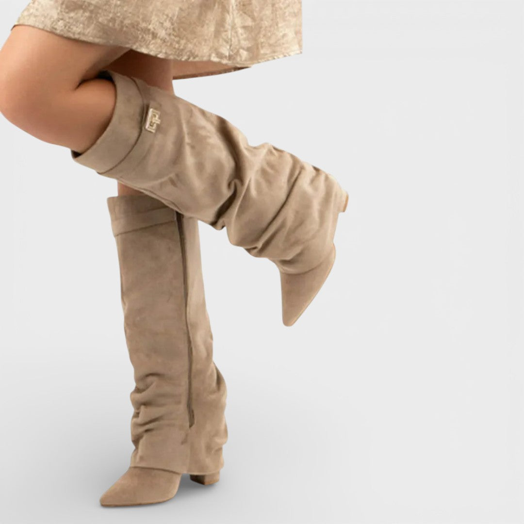 Women's Tall Pointed Toe Boots Ruched Low Heel Buckle