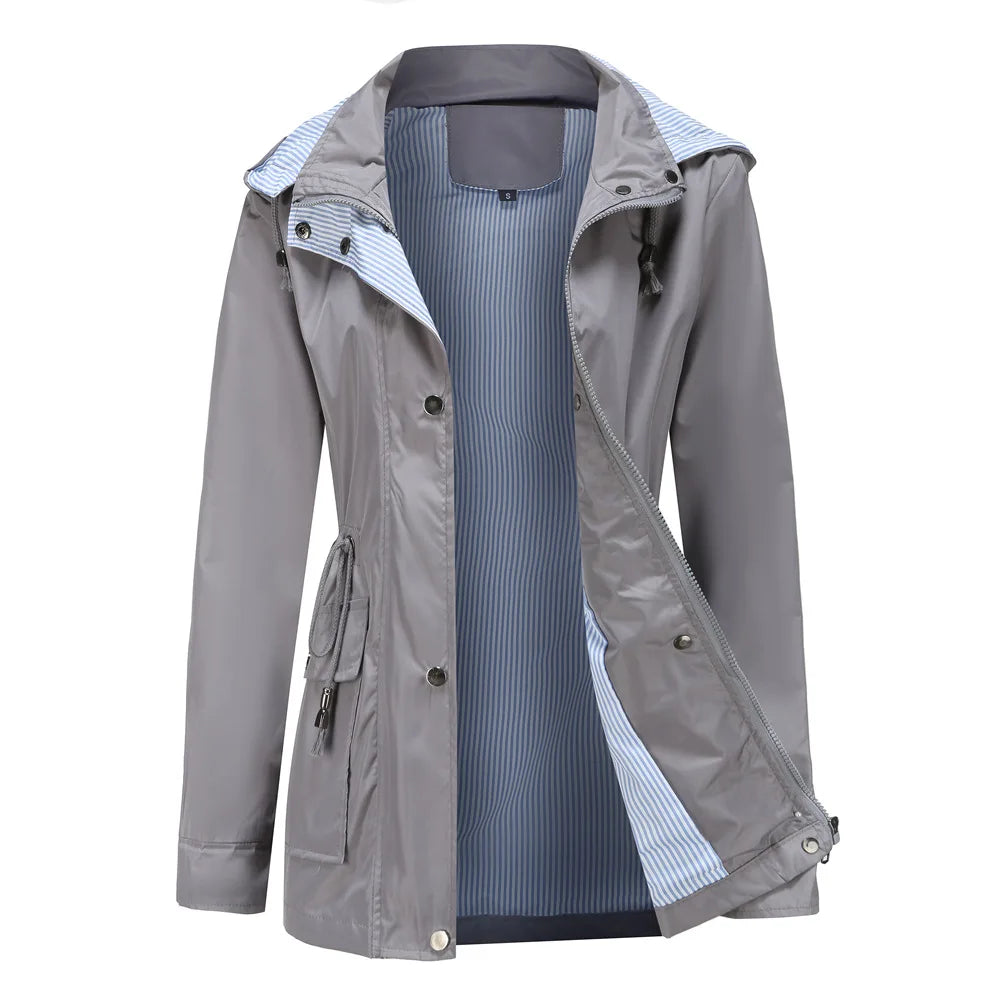 Women's Hooded Trench Coat Water-Resistant Striped Lining
