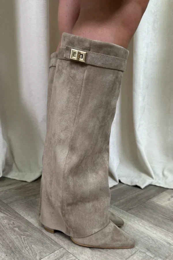 Botas hasta la rodilla de ante sintético para mujer, tacón de cuña y cremallera